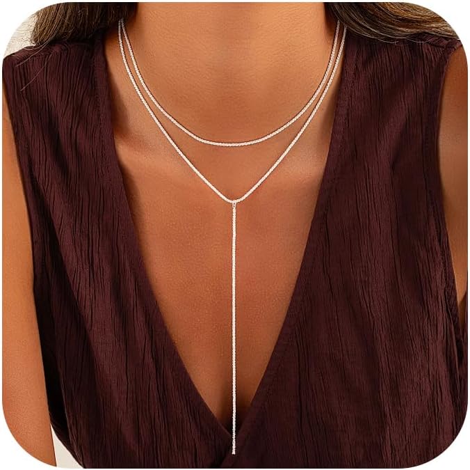 Robaice Gold and Silver Plated Layered Long Necklace for Women, Statement Y Body Chain, Sexy Dangle Drop Beach Boho Bolo Cleavage Necklace for Vacation or Prom - Image 1